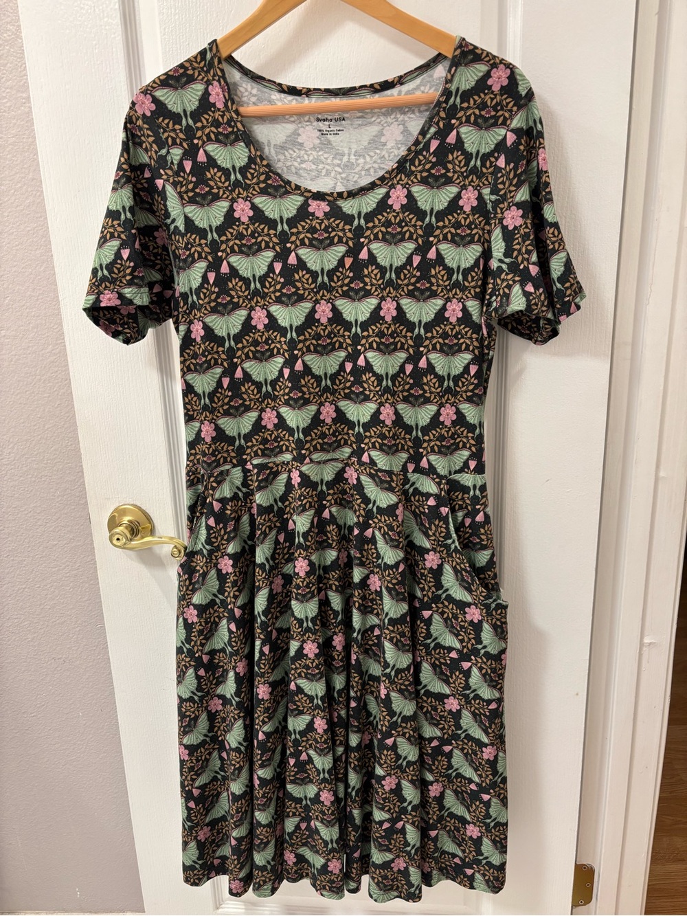 Svaha Luna Moth Twirl Dress Black Mint Green Scoop Neck Pockets Organic Cotton